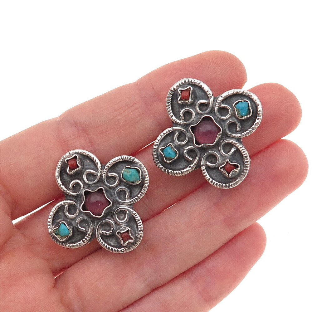 925 Sterling Vintage Mexico Real Turquoise Coral Amethyst Cross Clip On Earrings